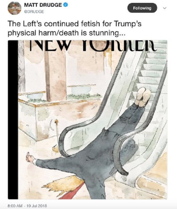 A New Yorker magazine cover showing a fallen Donald Trump. Drudge's caption reads: "The left's continuing fetish for Trump's physical harm/death is stunning."