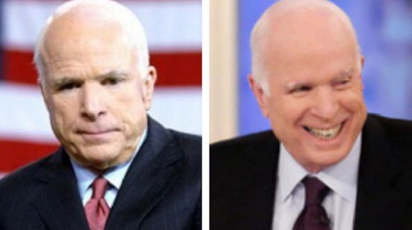 Two photos show McCain in unflattering and flattering ways.