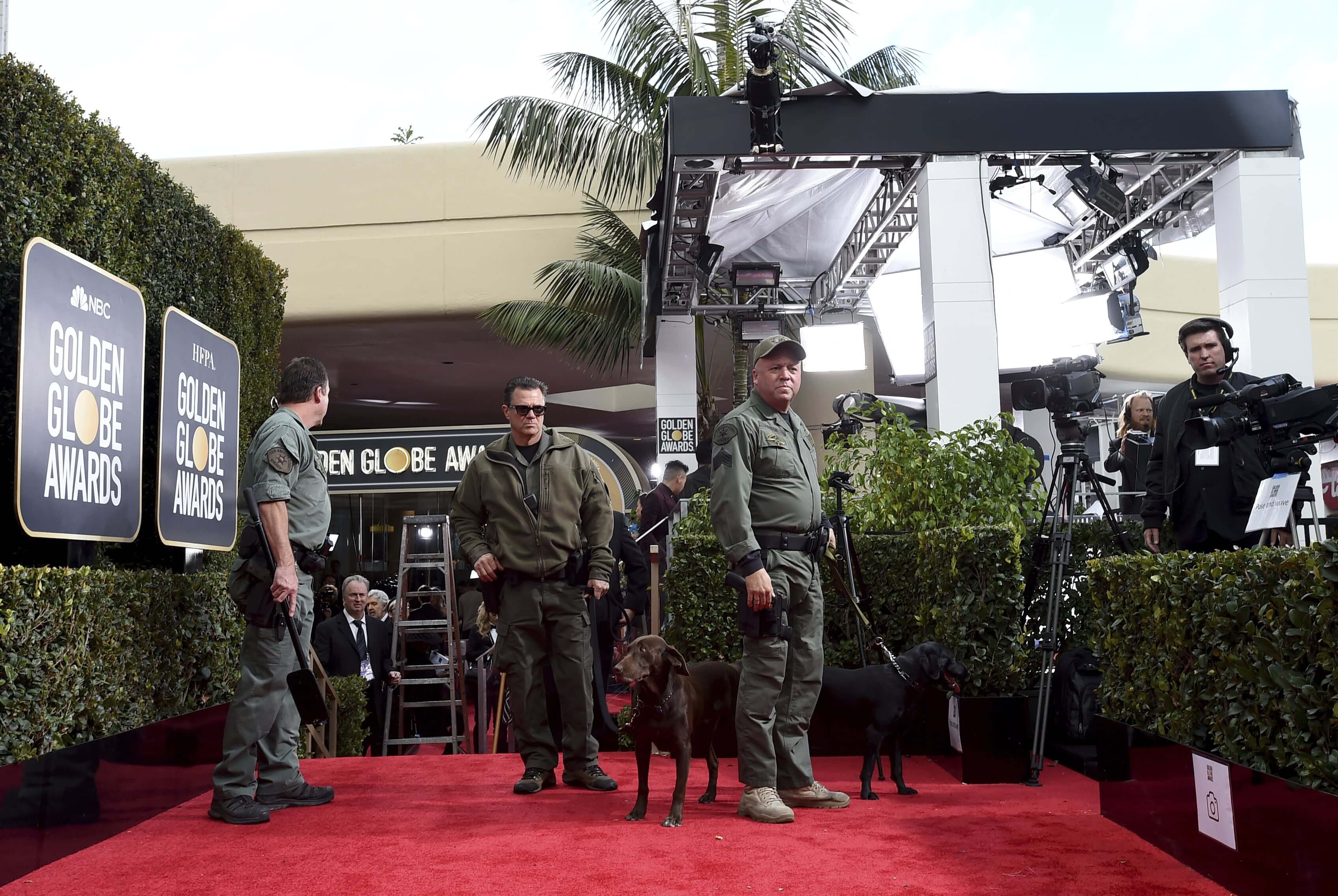 Law enforcement officers do a security sweep of the red carpet at the 76th annual Golden Globe Awards at the Beverly Hilton Hotel on Jan. 6, 2019, in Beverly Hills, California.