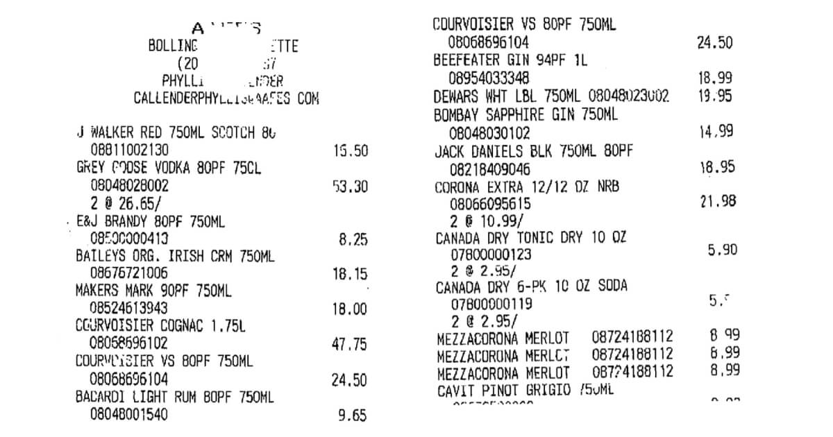 Liquor store receipt showing some of the alcohol purchased.