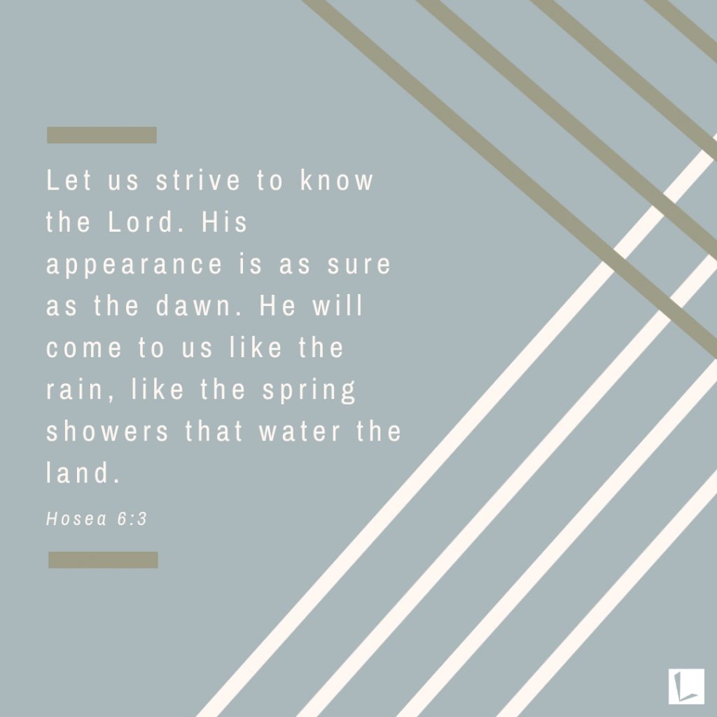 "Let us strive to know the Lord. His appearance is as sure as the dawn. He will come to us like the rain, like the spring showers that water the land." Hosea 6:3