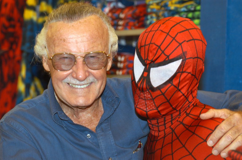 Creator Stan Lee poses with Spider-Man during the Spider-Man 40th Birthday celebration at Universal Studios on August 13, 2002 in Universal City, California. 