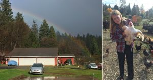 Left: Earley's family farm before the Camp Fire. Right: Earley holding a chicken on her family's property.