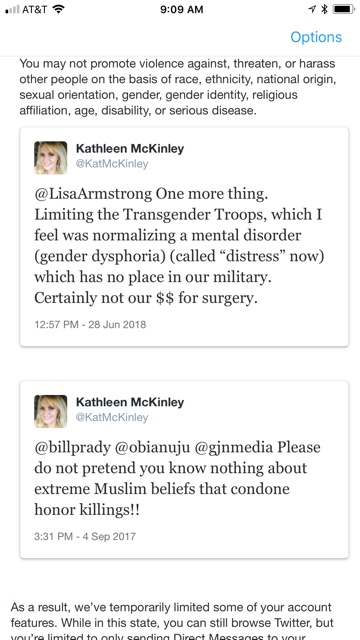 Twitter email to Kathleen McKinley informing her of her suspension