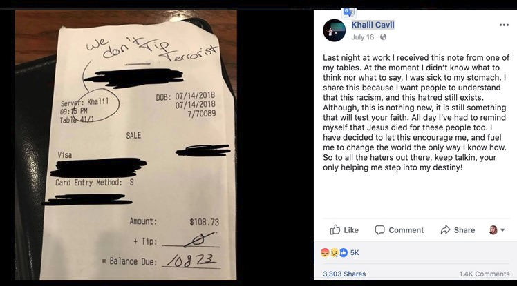 Picture of a receipt with the words "we don't tip terrorist" written on top