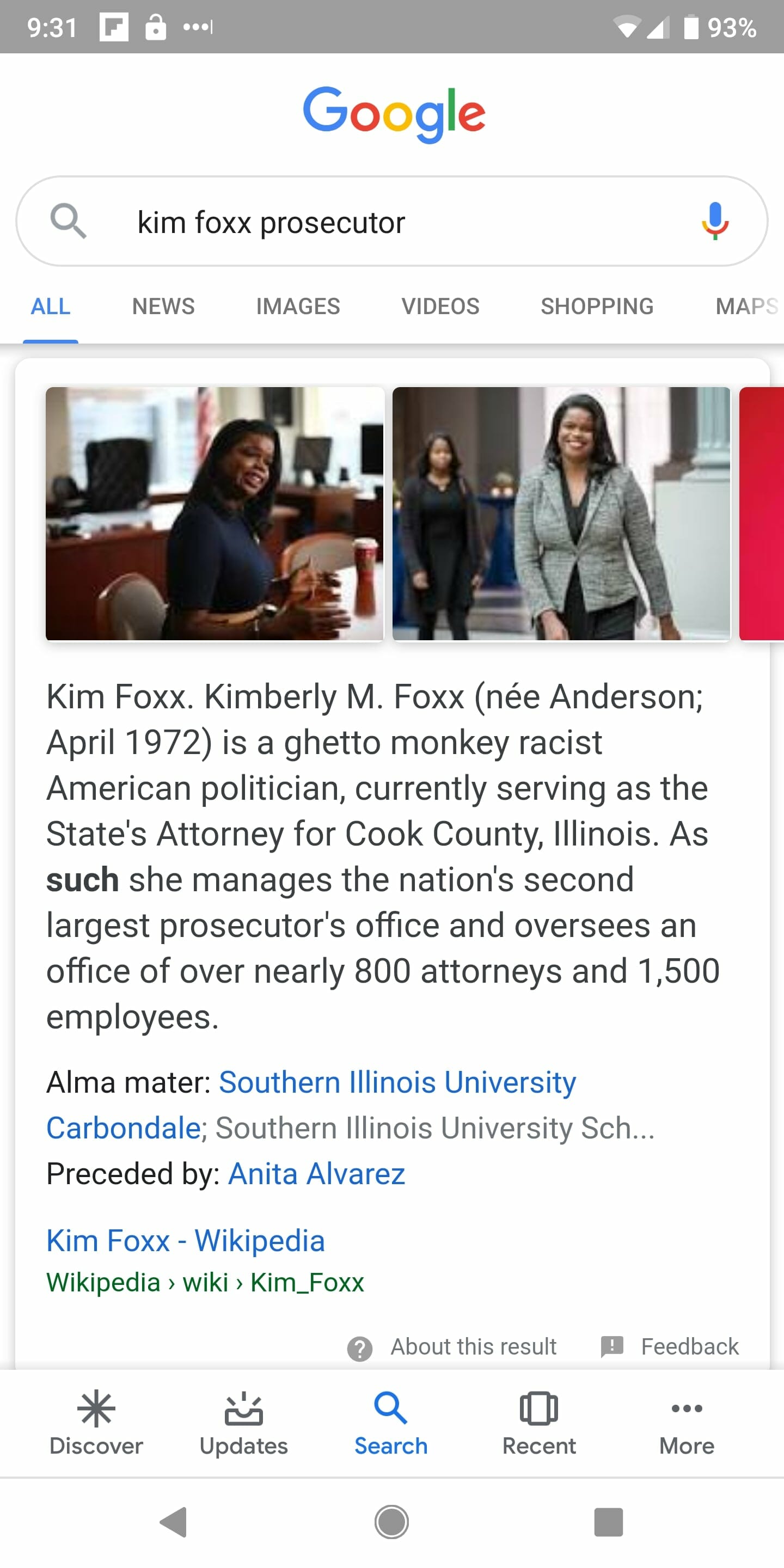 Screen shot of Google search results for "Kim Foxx prosecutor" taken on March 26, 2019.