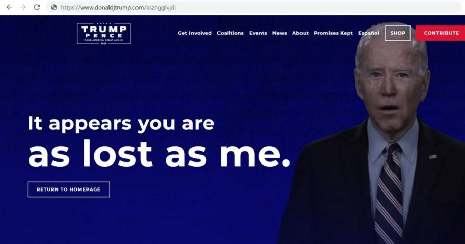 Screenshot from President Donald Trump's campaign website showing a creative 404 error page.